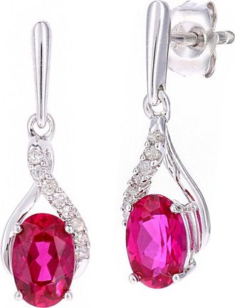 Jewelco London 9ct White Gold Diamond Oval 1.3ct Created Ruby Kiss Drop Earrings - PE0AXL5561WCRU