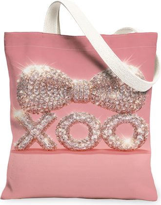 Generic Sparkling Bow Canvas Tote Bags, Stylish Rhinestone Pattern Reusable Grocery Bags, Chic Lightweight Washable Canvas for Trav, Peach, 13x15 Inch