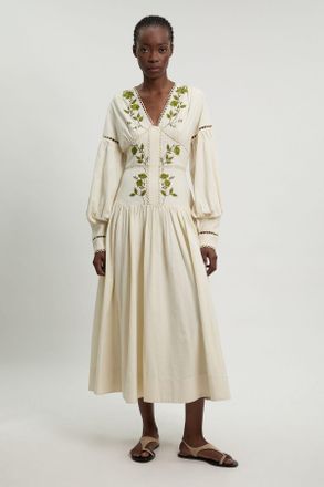Karen Millen Womens Rose Embroidered Cotton Twill Woven Long Sleeve Maxi Dress - White - Size 10 UK