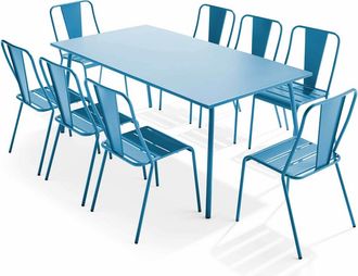 Oviala Mesa de jardín y conjunto de 8 sillas de bistró en acero azul pacífico