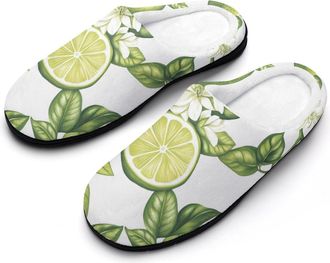Generic Lime Slices Flowers Slippers Men Winter Warm Cotton Anti-Slip Indoor Slip-Ons House Shoes