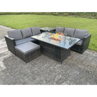 Fimous Outdoor Rattan Garden Furniture Gas Fire Pit Dining Table Sets Gas Heater Lounge Big Footstool Dark Mixed Grey 7 Seater - Fimous