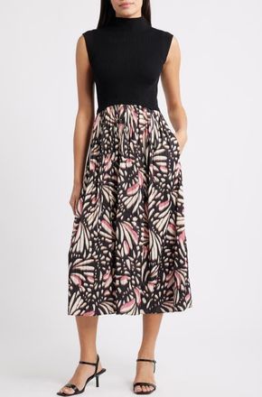 Vince Camuto Sleeveless Mixed Media Midi Dress in Black Multi at Nordstrom, Size Small