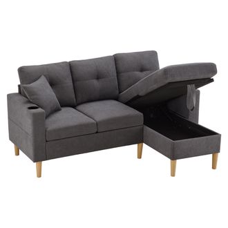 STILVORA Sof&aacute; Esquinero 3 Plazas En Algod&oacute;n Lino Con Chaise Longue De Almacenamiento, 2 Portavasos, Bolsillo Lateral Y 2 Cojines, Gris Oscuro