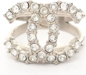 Chanel Silver Clear Rhinestone Stainless Steel Band Ring (Pre-Owned)