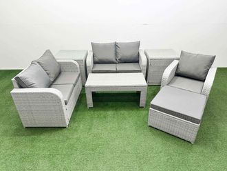 Fimous High Back Poly Rattan Garden Furniture Set w/ Reclining Chair Loveseat Sofa Oblong Coffee Table Indoor Outdoor Patio Set Big Stool 2 Side