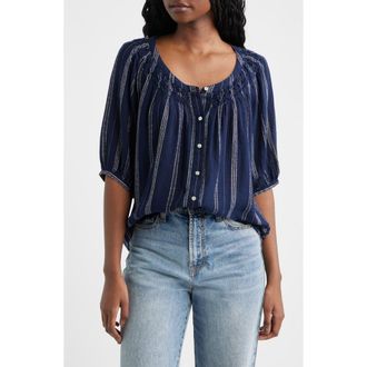 Rails Rix Embroidered Stripe Linen Blend Top in Marina Stripe at Nordstrom, Size Medium