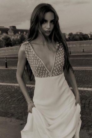 Costarellos Bianna Crystal V-Neck Column Wedding Gown