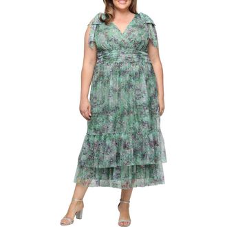 S.L. Fashions Floral Print Mesh Midi Dress in Sage Multi at Nordstrom, Size 18W