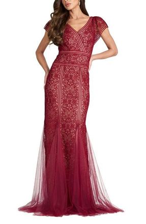 Tadashi Shoji Taryn Trackwork Embroidered Mermaid Gown in Midnight Merlot at Nordstrom, Size 18