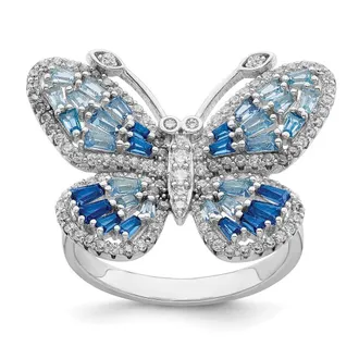 Diamond2Deal Sterling Silver Rhodium-plated Polished Blue & White Cubic Zirconia Butterfly Ring