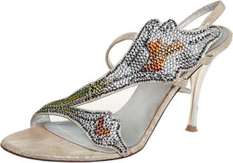 Loriblu Silver Fabric Crystal Embellished Sandals