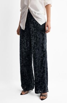 Mango Devor&eacute; Velvet Straight Leg Pants in Night Blue at Nordstrom, Size Medium