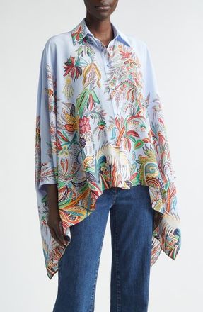 Etro Paisley Print Handkerchief Hem Silk Button-Up Shirt in Print On Pale Blue Base at Nordstrom, Size 46