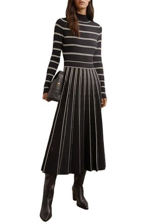 Reiss Amber Stripe Pleated Long Sleeve Midi Dress in Black/Ivory at Nordstrom, Size X-Large