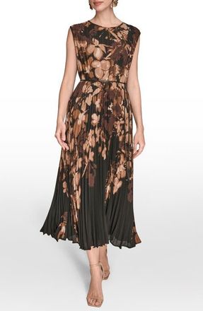 DKNY Belted Floral Georgette Midi Dress in Black/Fawn at Nordstrom, Size 16