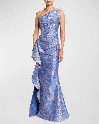Teri Jon Metallic Jacquard One-Shoulder Side-Ruffle Gown