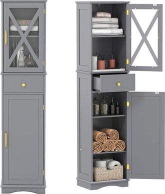 Costway Freestanding Narrow Storage Cupboard Bathroom Tall Cabinet-Grey