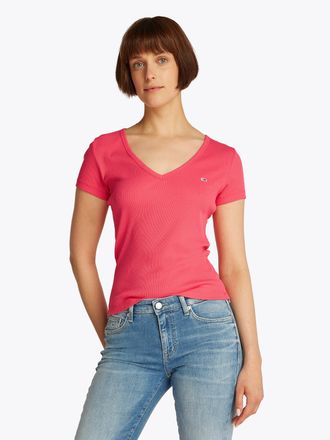 Tommy Jeans T-Shirt TOMMY JEANS TJW SLIM ESSENTIAL RIB V SS, Damen, Gr. XS (34), amour, Single Jersey, Obermaterial: 95% Baumwolle, 5% Elasthan, unifarben, slim f