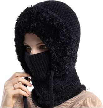 Generic 3 in 1 Winter Hat with Scarf and Mask, Womens Outdoors Windproof Knitted Hat, Elastic Warm One-Piece Hatand Scarf (UK, Alpha, One Size, Black)