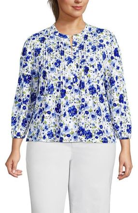 Lands End Lightweight Jersey Button Pintuck Top in Clear Blue Painted Blooms at Nordstrom, Size 3X