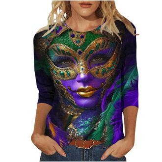 Generic 2026 Mardi Gras Tops for Women UK Casual 3/4 Sleeve Carnival Mask Graphic Shirts Dressy Comfy Crew Neck Loose Fit Blouse Ladies Elegant Lightweight Go