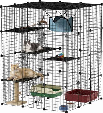 OEM Jaula Grande Para Gatos Interior De 4 Niveles Con 5 Puertas 3 Plataformas De Salto 3 Rampas Hamaca 105x105x140 Cm Negro