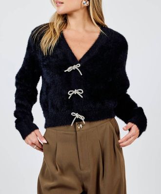 Sadie & Sage Porcelain Cardigan With Rhinestone Bows In Black