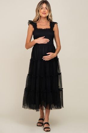 Pinkblush Smocked Mesh Ruffle Accent Midi Dress in Black at Nordstrom, Size X-Large