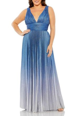 Mac Duggal V-Neckline Ombre Pleated Gown in Sapphire Ombre at Nordstrom, Size 12W