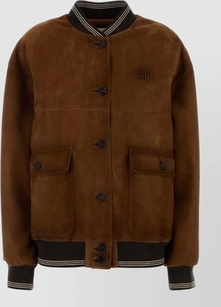 Miu Miu suede bomber jacket front pockets ribbed cuffs hem