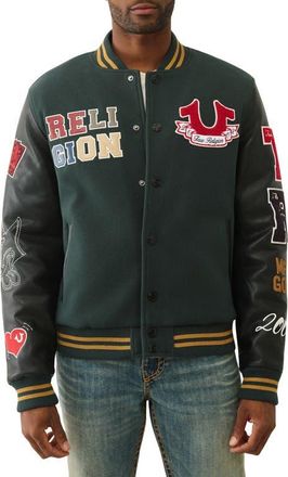 True Religion Cat Varsity Jacket in Green Gables /Jet Black at Nordstrom, Size Xxx-Large