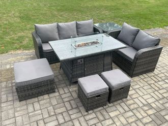 Fimous Garden Patio Furniture Wicker Rattan Gas Fire Pit Table & Sofa Chair set with Side Table 3 Footstools Dark Grey Mixed