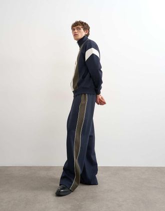 Topman Joggers ampi in piqu&eacute; blu navy con pannelli