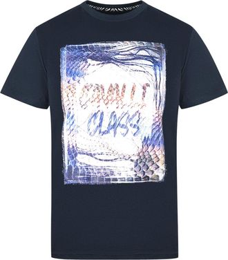Cavalli Mens Box Logo Navy Blue T-Shirt Cotton - Size X-Large