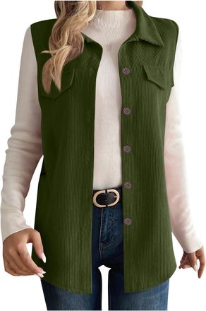 Generic Womens Lightweight Softshell Gilets Corduroy Lapel Tank Tops Button Down Sleeveless Denim Jacket Casual Mid-Long Jean Vest Waistcoat Jacket Vintage Di