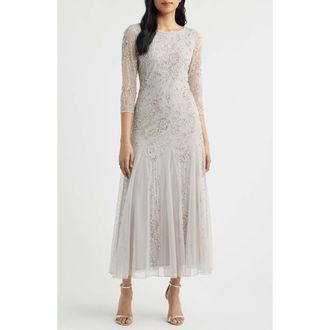 Pisarro Nights Beaded Tulle A-Line Gown in Silver at Nordstrom, Size 14P