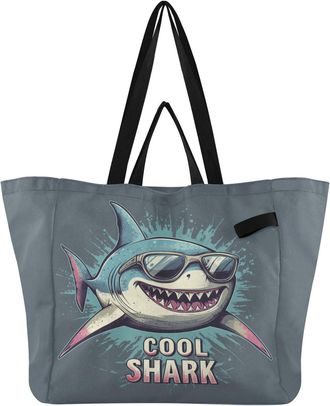 Generic Sunglasses Shark Gray pattern Reusable Canvas Tote Bag, Heavy Duty Grocery Shopping Bag with Double Handles Hard Bottom Large Capacity Work Groceries 
