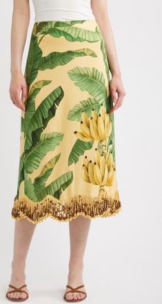 Farm Rio Botanical Fruit Print Beaded Fringe Midi Skirt in Fruit Leaves Banana at Nordstrom, Size X-Large
