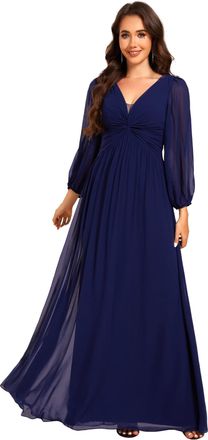 Ever-pretty Women Dress Evening Dress with Deep V Long-Sleeve Waist Pleated Design Flowing Elegant Chiffon Dress Navy Blue 16UK