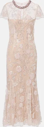 Self Portrait Floral sequined mesh midi dress