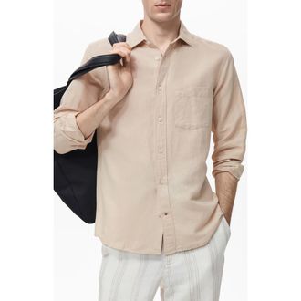 Mango Classic Fit Linen & Cotton Button-Up Shirt in Sand at Nordstrom, Size Small