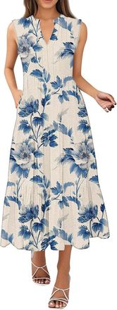 Generic Summer Dresses for Women UK Elegant Wedding Guest Midi Dress V-Neck Long/Short Sleeve Floral Sundress Tunic Without Accessories Blue