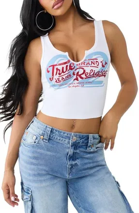 True Religion Crystal Embellished Logo Notch Neck Crop Tank Top in Optic White at Nordstrom, Size Xx-Large