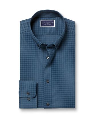 CHARLES TYRWHITT Brushed Cotton Twill Check Shirt - Petrol Blue Size XL by Charles Tyrwhitt