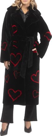 Gorski Reversible Genuine Shearling Coat with Heart Intarsia, Belt in Black/red at Nordstrom, Size Small