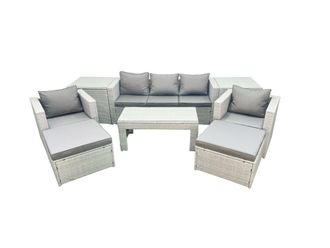 Fimous Rattan Garden Furniture Set 7 Seater Outdoor Garden Sofa 2 Chairs Oblong Coffee Table Set with 2 Stools 2 Side Tables Light Grey Mixed