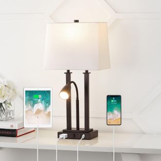 Jonathan Y Designs Blaire 23.75 2-Light Modern Farmhouse Metal LED Table Lamp with USB Charging port, Adjustable Reading Light and AC Outlet, Oil Rubbed Bronze