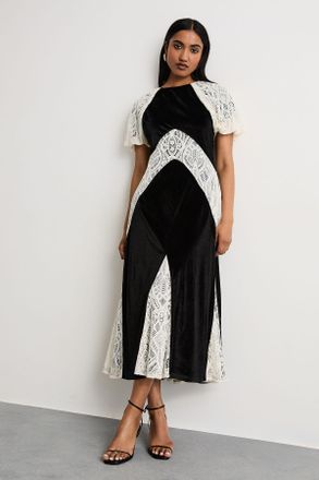 Warehouse Womens Velvet Lace Panelled Midi Tea Dress - Black Elastane - Size 16 UK