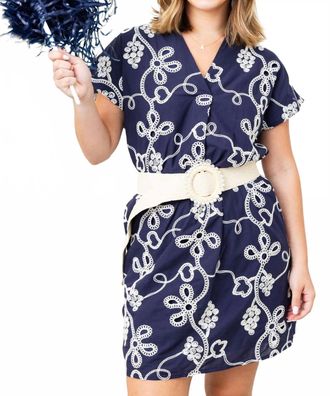 THML Clothing Short Sleeve Embroidered Detail Dress In Navy